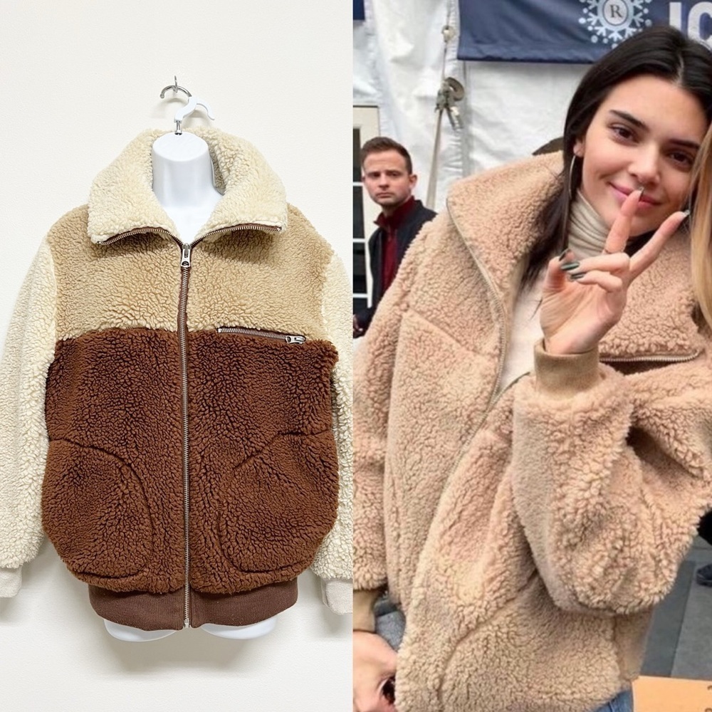 Aritzia Wildred Free Womens Multicolor Brown Tan Teddy Bear Zip Up Bomber Jacket - Picture 2 of 11